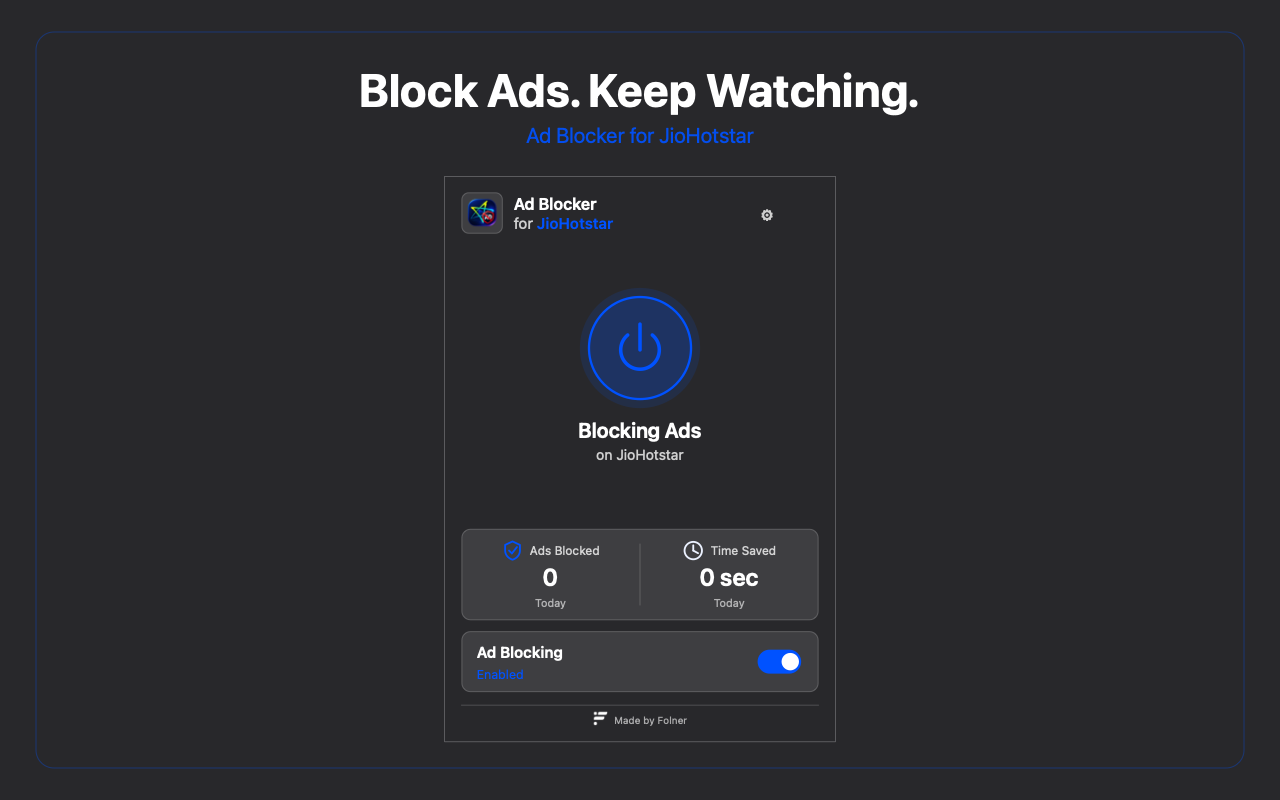Current extension control sheet showing Hotstar ad blocking on, today's blocked ad count, time saved, and the global switch