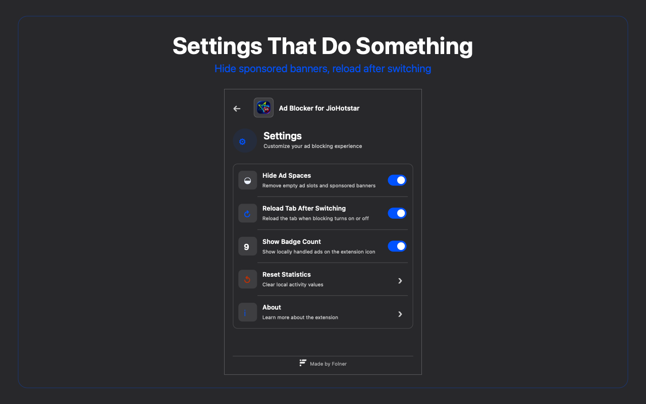 Extension settings showing Hide Ad Spaces, Reload Tab After Switching, Show Badge Count, Reset Statistics, and About