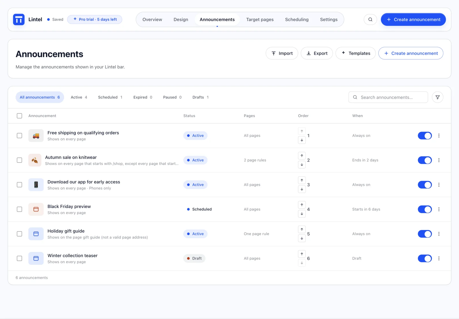 The list of announcements with status, pages, order and timing