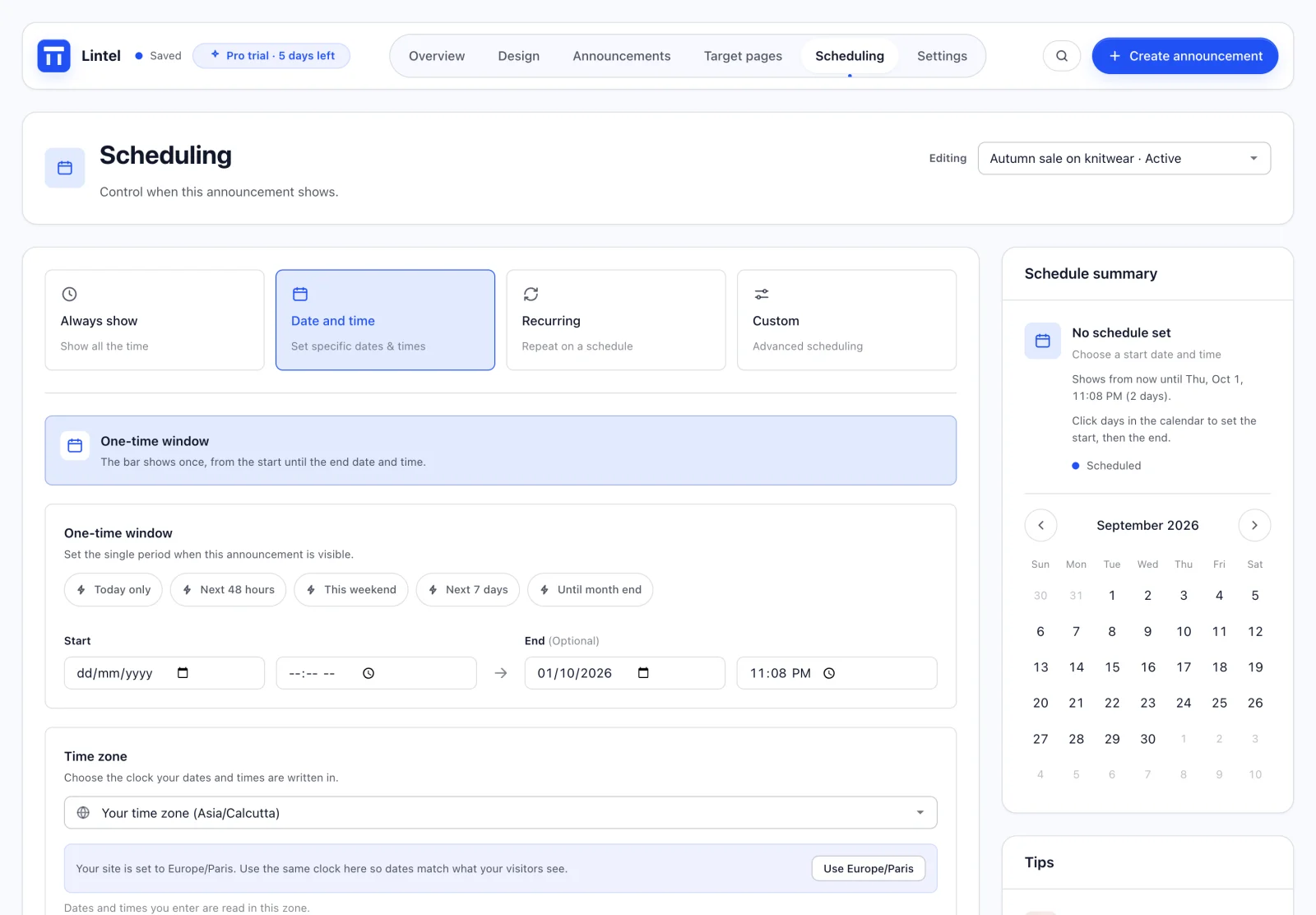 Scheduling a sale with a start and end date, a calendar and the site time zone