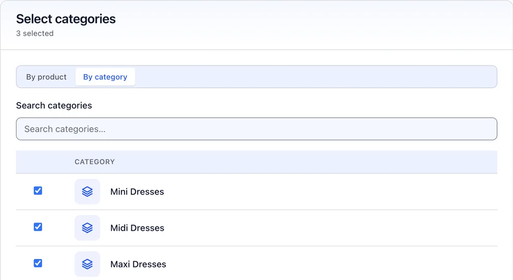 Three dress categories selected for the same size chart