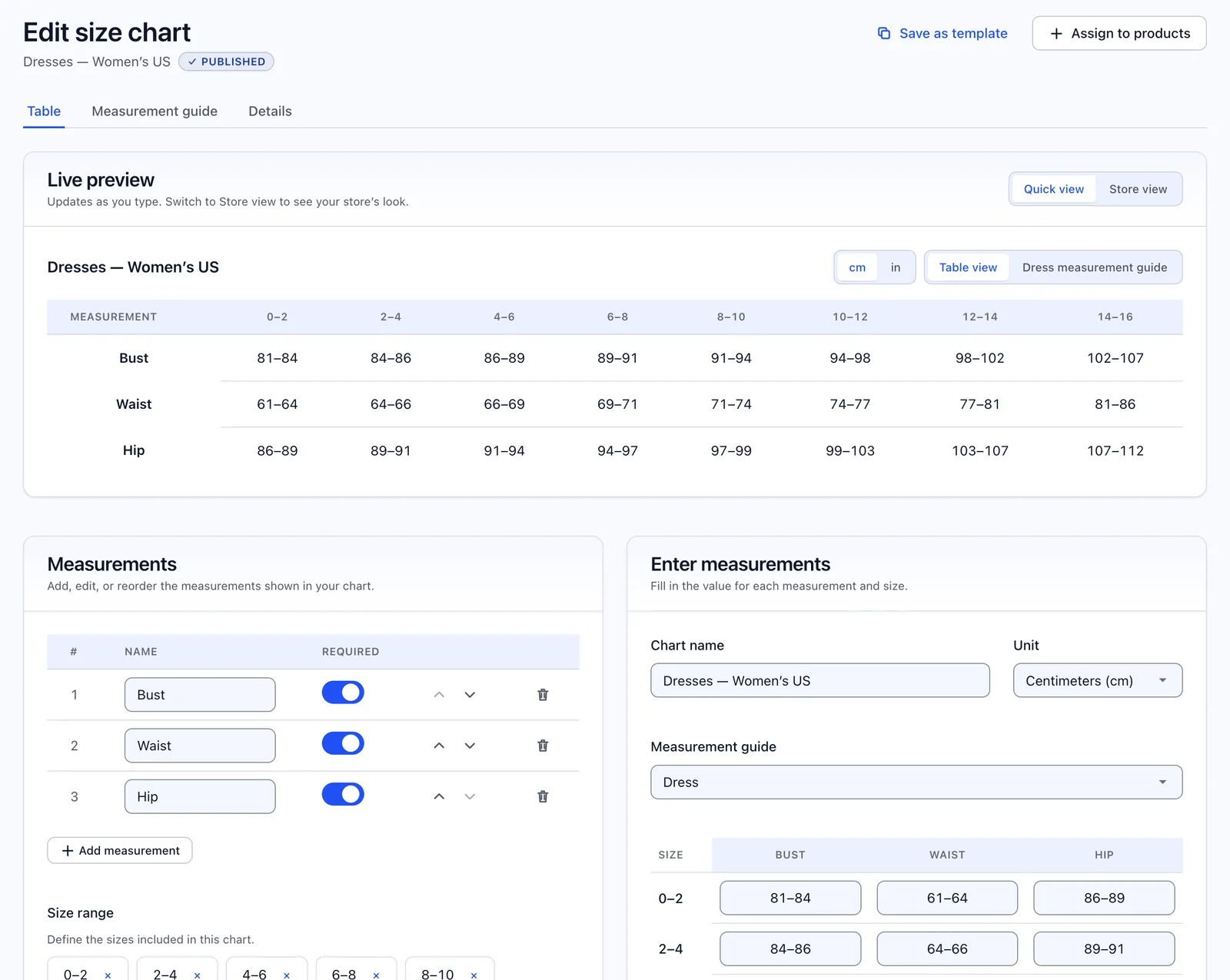 The Tailor Fit chart editor showing a dress size chart with a live preview and editable measurements
