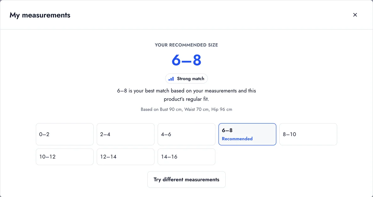 The recommended size 6–8 shown as a strong match